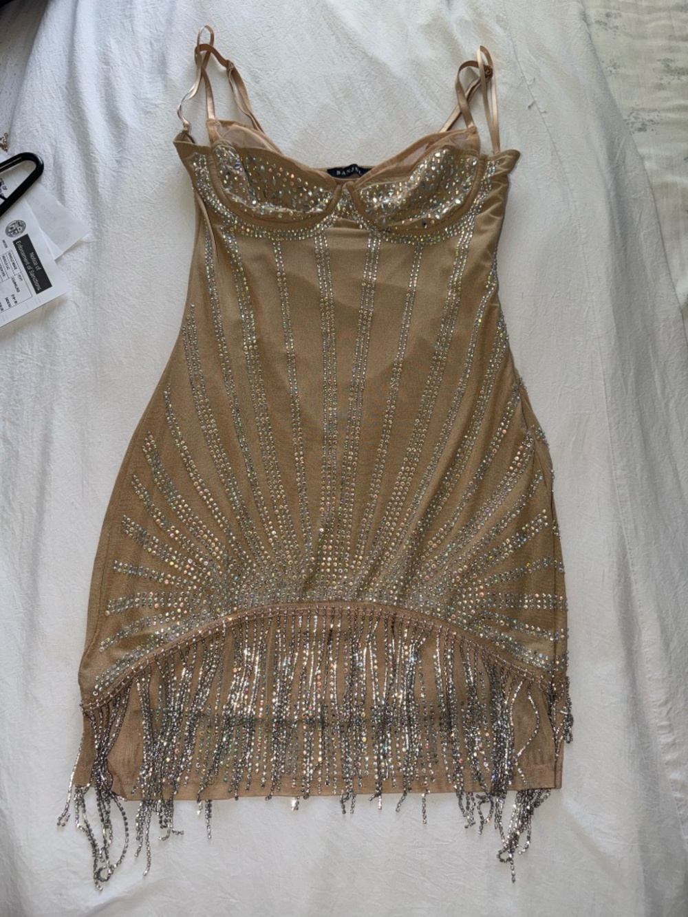 Nude Rhinestone-embellished Boducon mini dress!!!!!!!